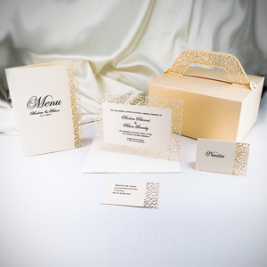 Svatební set G977, svatební oznámení, jmenovka, svatební pozvánka ke stolu, svatební menu a krabička na výslužku